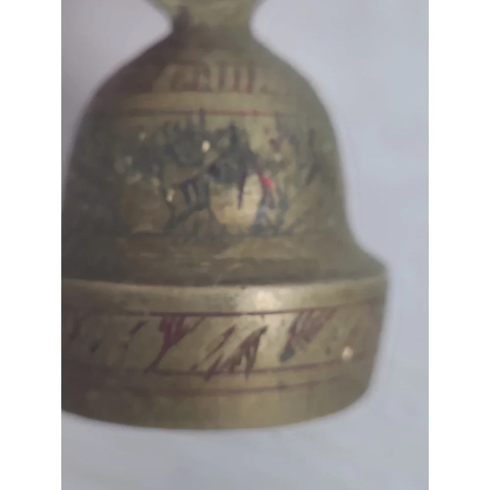 Vintage Etched Brass Bell Small Handcrafted Gold Red Accents 2 Inch‎ Decor